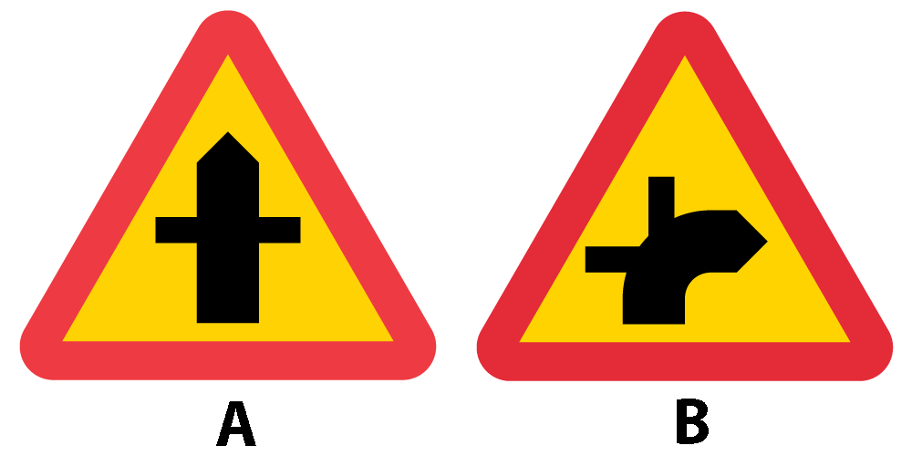 Körkortsfrågor - Vägmärke - Varning för vägkorsning där trafikanter på anslutande väg har väjningsplikt eller stopplikt.